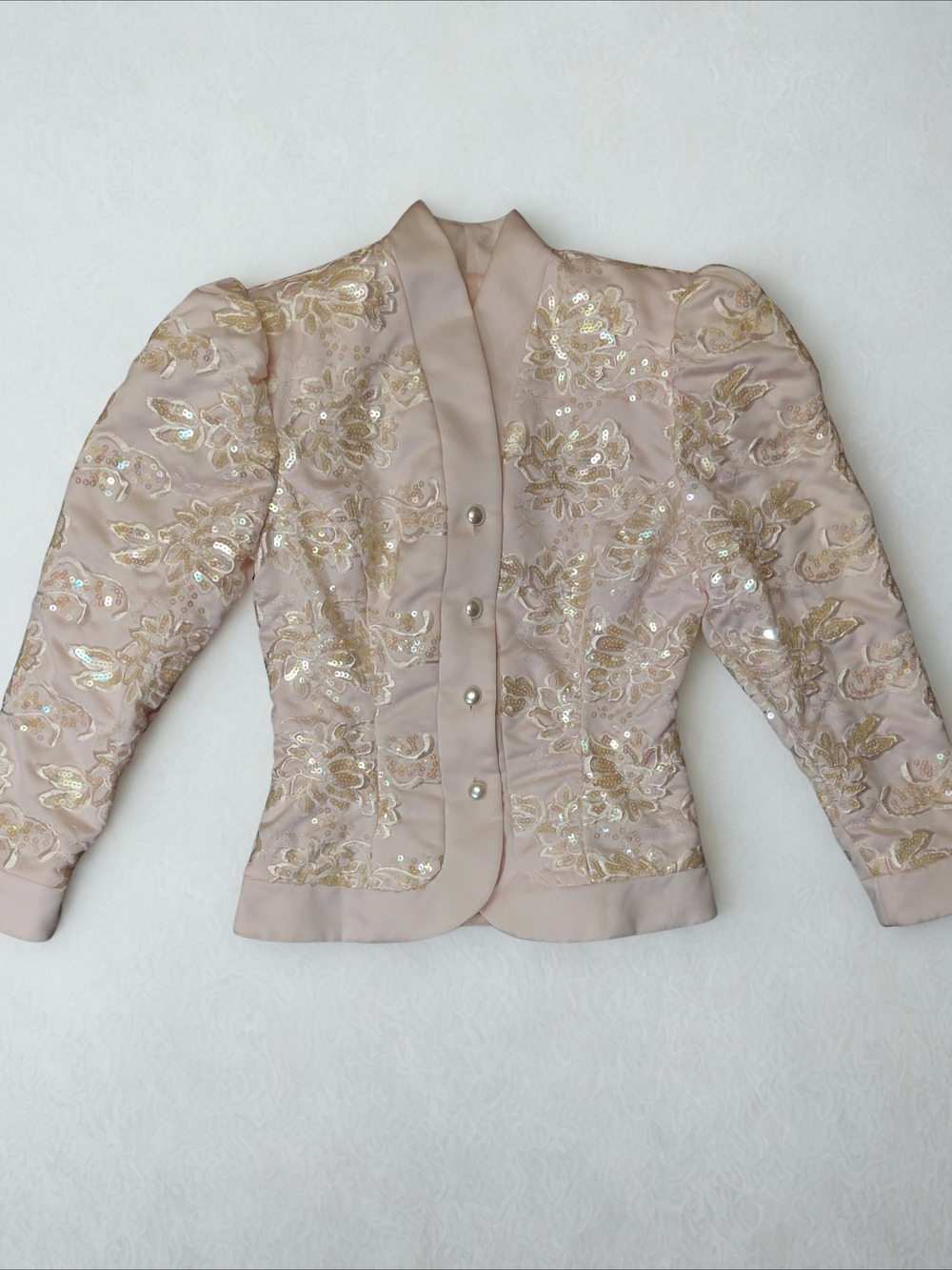 Jessica McClintock 80s Vintage Pearl Button Sequin Lace Bridal Jacket